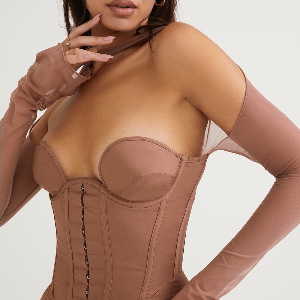 House of CB Mayara Mocha Mesh Structured Corset Mini Dress - Picture 7 of 16